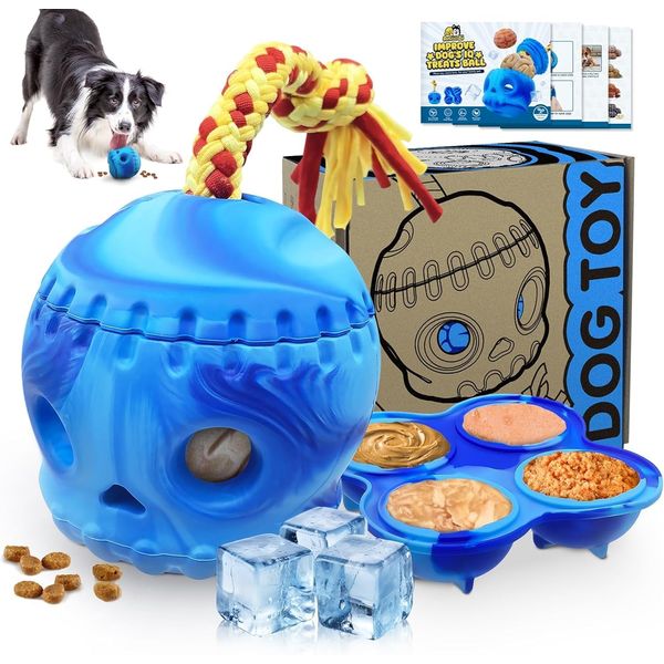 Interactive Frozen Treats Dog Toy with Mold, Dispensing Toys for Aggressive Chewer No-Boredom, Skull Fillable Slow Feeder with Rope, Tough Rubber Puzzle Dog Ball Keep Them Busy Mental Enrichment Toys