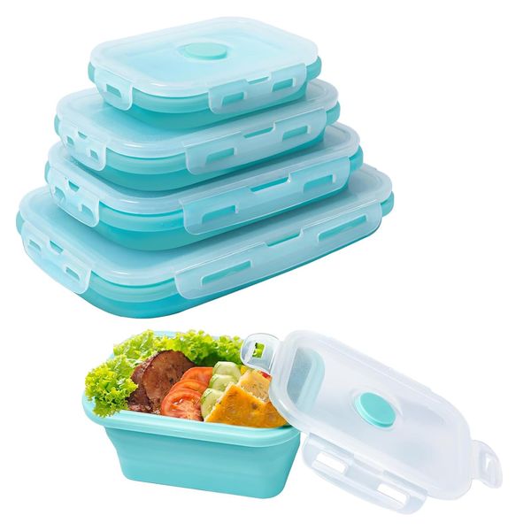 Esie Houzie Collapsible Silicone Food Storage Containers with Airtight Lids, 4 Pack Set Lunch Box,Space Saving Bento Boxes for Microwave, Freezer and Dishwasher Safe