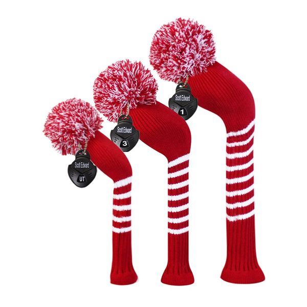 Scott Edward Stripes Style Knitted Golf Club Head Covers Set of 3, fit for Driver Wood(460cc), Fairway Wood, Hybrid(UT), for Men/Women Golfers, Individualized Looking and Washable (Crimson Red)