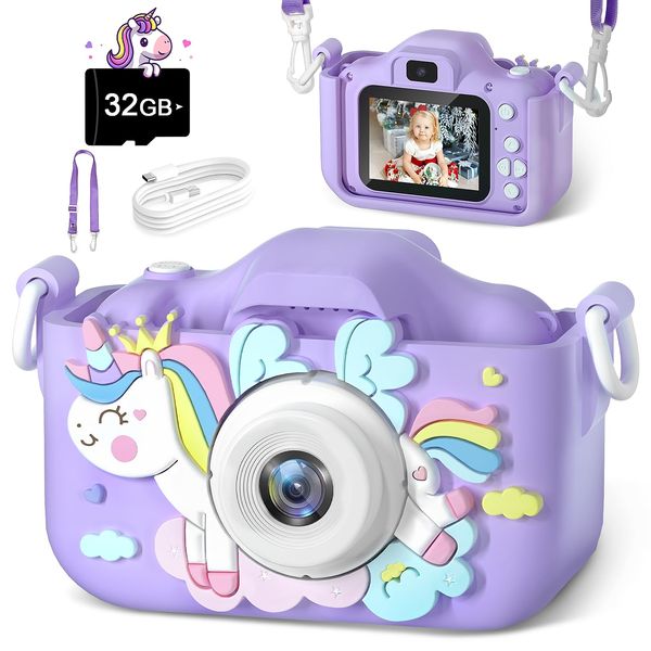 Anesky Kids Camera, 32GB Rechargeable Toddler Digital Camera Toy for Ages 5-7, Fun & Educational Toy for Boys & Girls 3 4 5 6 7 8 9 10 11 12 Year Old, Best Birthdays for Kids, Purple