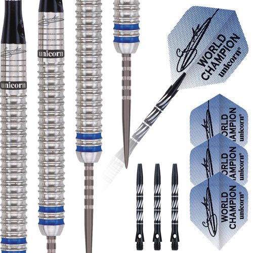 Unicorn Steel Tip Darts Set | Gary 'The Flying Scotsman' Anderson Phase 3 World Champion | 90% Natural Tungsten Barrels with Blue Accents | 27 g