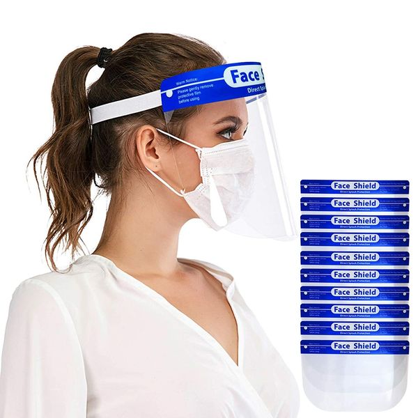 10 Pack Reusable Clear Full Face Shields/Face Masks with Sponge Pad Elastic band