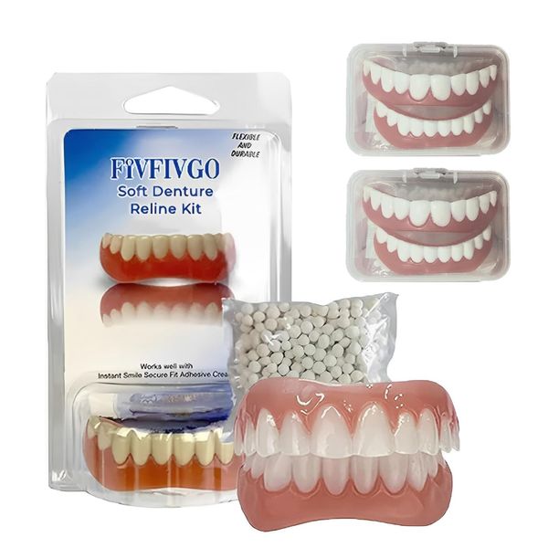 Nadiaen Denture Repair Kit,3 Pairs Denture Reline Kits Soft Clip in Veneers Teeth Instant False Teeth Adjustable Snap On Temporary Silicone Fake Teeth Top Bottom with Thermal Beads for Men Women