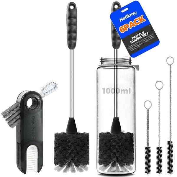 Holikme 6 Pack Bottle Brush Antistatic Lab Brushes Set, 14" Long Handle Stainless Steel Bottle Cleaner Brush, 3 Straw Brushes, 3-in-1 Bottle Cleaning Brush for Water Bottle, Baby Bottle, Straws Black