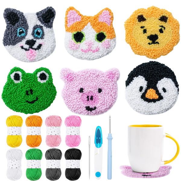 WovWeave 6 Set Animal Punch Needle Coasters Kit with Pattern, Yarn, Adhesive Felts, Hand Tools, Wooden Embroidery Hoop and Instruction Rug Punch Decoration DIY Art Crafts Kit for Kid Adult Beginner