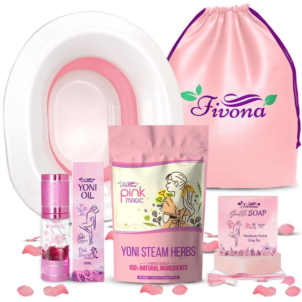 Fivona Yoni Care Kit 5-in-1 V-Steaming Set Includes Sitz Bath Seat, Herbs, Feminine Oil, Herbal Soap, Storage Bag, All Natural Herbal Vaginal Care Set