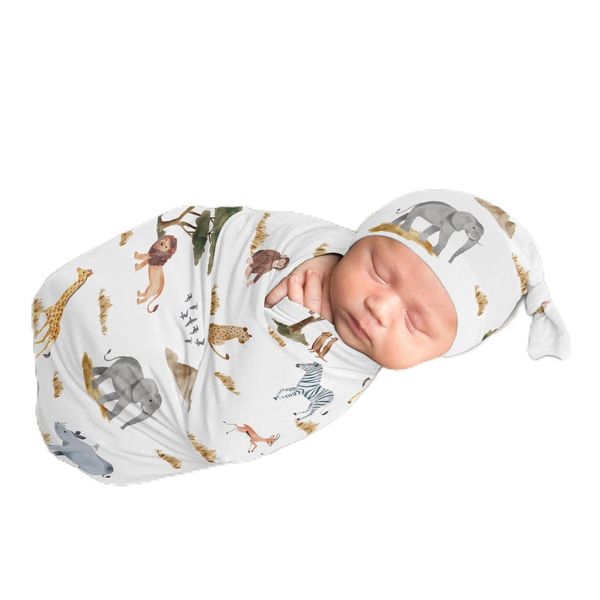 Sweet Jojo Designs Jungle Animals Boy Girl Gender Neutral Unisex Baby Cocoon Swaddle and Beanie Newborn Jersey Set Infant Wearable Blanket Going Home Outfit Set Green Boho Safari Elephant Giraffe