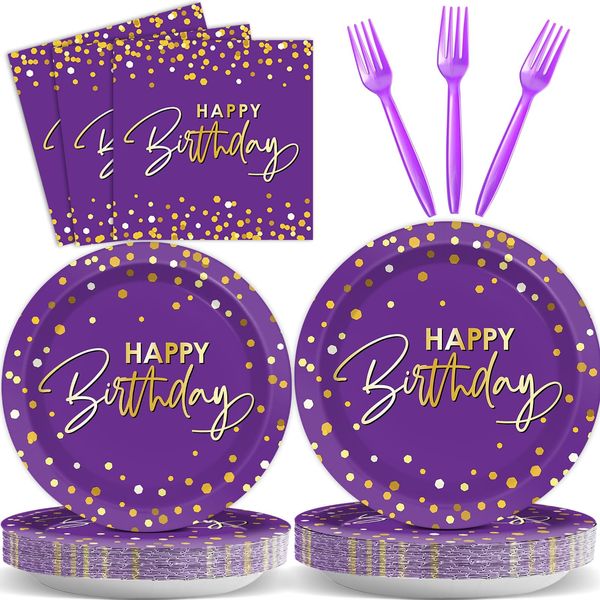 Wiooffen 96PCS Purple Gold Birthday Paper Plates and Napkins Party Supplies Happy Birthday Party Decorations Disposable Birthday Party Tableware Dinnerware Set for Women Men Birthday Serves 24 Guests