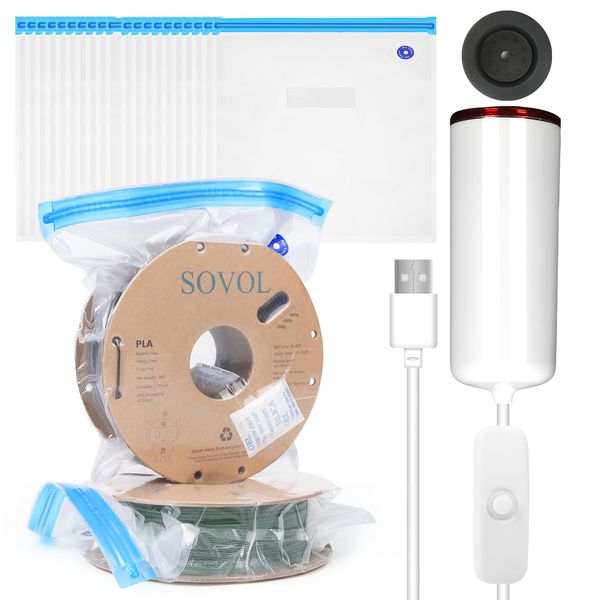 Sovol 3D Printer Filament Storage Bags Filament Dryer 30x34cm 20pcs with USB Pump 3D Filament Vacuum Bags Reusable Filament Storage Bags for 3D Printer Compression Storage Bags Transparent Vacuum