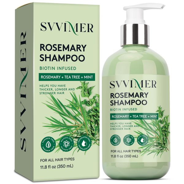 Svvimer Rosemary Hair Growth Shampoo: Thickening and Regrowth Formula for Men & Women - Rosemary Mint Strengthening Shampoo with Tea Tree Oil Biotin - For Thinning Hair and Hair Loss 11.8 fl.oz