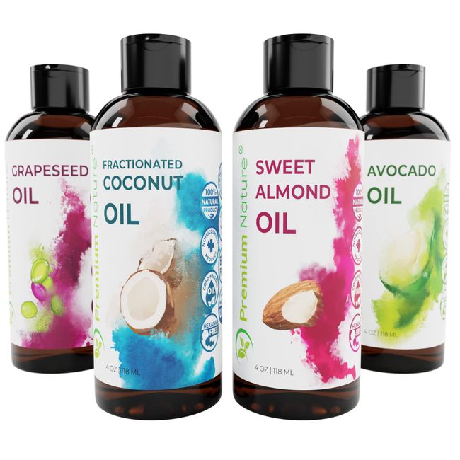 4-Piece Carrier Oil Variety Pack Gift Set - Essential Oil Mixing for Skin, Stretch Marks & Dry Skin Moisturizer, 4oz Each