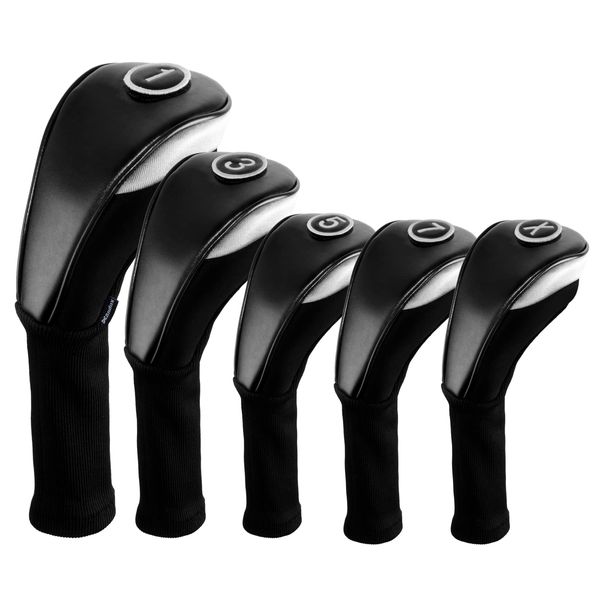 Andux 5pcs/Set PU Golf Wood Club Head Covers 460cc Driver with Long Neck Black