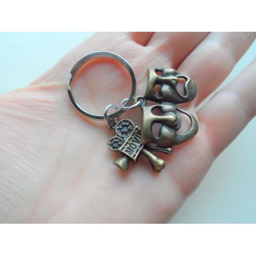 Bronze Theatre Masks & Movie Camera Charm Keychain, Mask Charm, Drama Keychain, Graduation Keychain, Actors Keychain