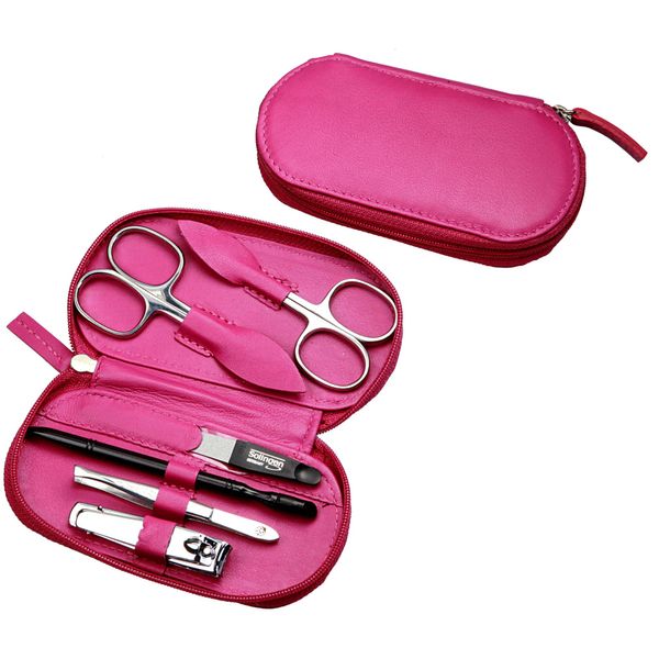 Sonnenschein by Hans Kniebes Manicure Set 6 Pieces Nail Scissors, Cuticle Scissors, Nail Clippers, Nail File, Tweezers, Hoof Stick, Nail Care Set Nappa Lambskin Manicure Case (Pink)