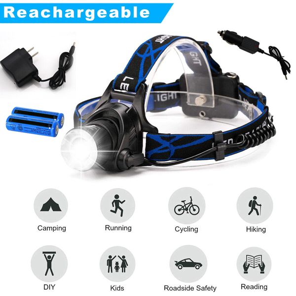 Rechargeable Tactical 990000LM LED Headlamp Zoomable Headlight Head Torch Lamps