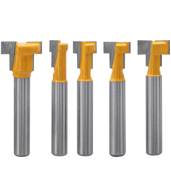 Bestgle Keyhole Bit 0.25 inch (6.35 mm) Shaft Carbide Blade Trimmer Bit T Type Mortise Cutter Carbide Blade Router Bit T-Slot Bit Cutter Router Bit Carbide Woodworking Cutter Set of 5 Yellow