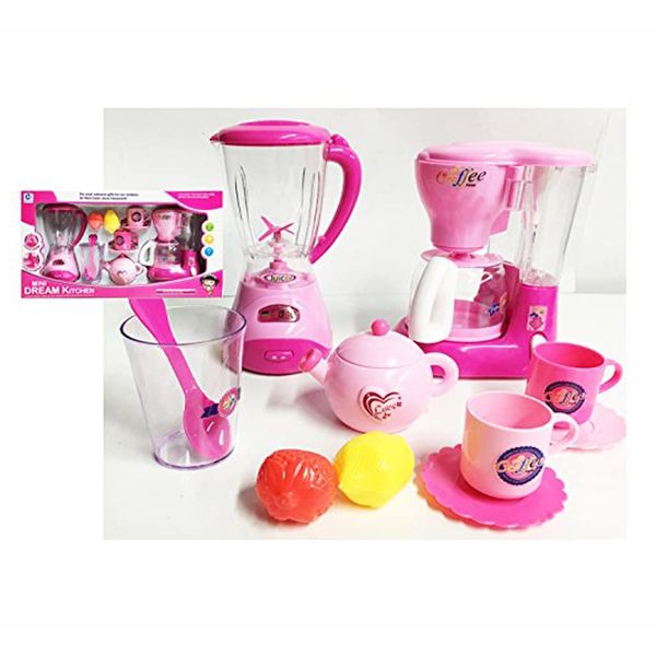 RBN Mini Dream Kitchen Appliance Play Toy Set for Kids with Coffee Maker Blender & Tea Pot Accessories Plus Toy Fruit and Vegetable Foods for Imaginary Cooking Fun