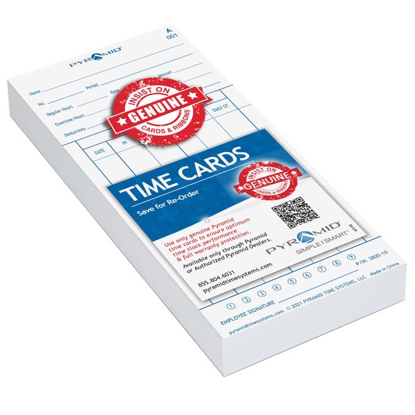 Pyramid Time Systems, 3800-10, Genuine and Authentic Time Cards for The Pyramid Model 3800 Auto Totaling Time Clock, 100 per Pack, time Cards, White