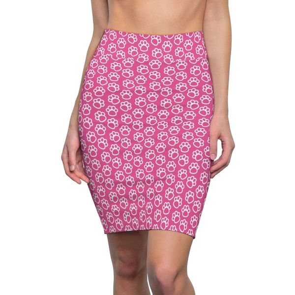 Womens Pencil Skirt, Pink and White Paws Stretch Mini, S294025 - S / 4 oz.