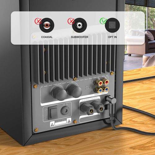 EMK 90 Degree Right Angle Optical Audio Cable [6ft/2M] - 360° Rotatable Digital Toslink SPDIF Cable for Soundbar to TV, Home Theater - Black Fiber Optic Cable with Angled Connector