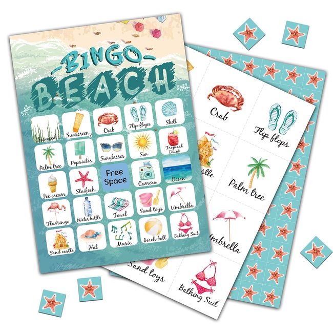 OUDIEA 24 Beach Bingo Cards (5"x7") | Party Games with 24 Players | Party Games for Adults Kids Toddlers | School Classroom Party Activity - shatan01