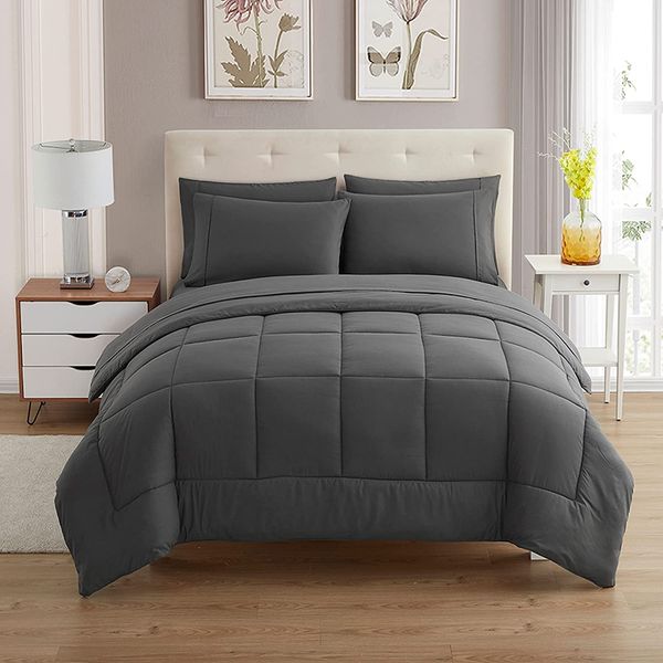 Sweet Home Collection 7 Piece Comforter Set Bag Solid Color All Season Soft Down Alternative Blanket & Luxurious Microfiber Bed Sheets, Gray, Queen