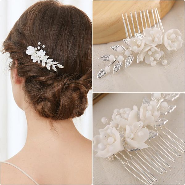 100% Handmade Ceramic Flower Wedding Hair Combs for Women Accessories Classical Alloy Pearl Wedding Hair Accessories Silver Bridal Jewelry