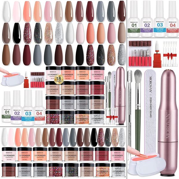 30Pcs Dip Powder Nail Kit Starter-Morovan 18 Colors Dip Powder Pure Glitter Nail Dipping Powder Set with Electric Nail Drill Machine Dipping Powder for Beginners or Professional DIY at Home