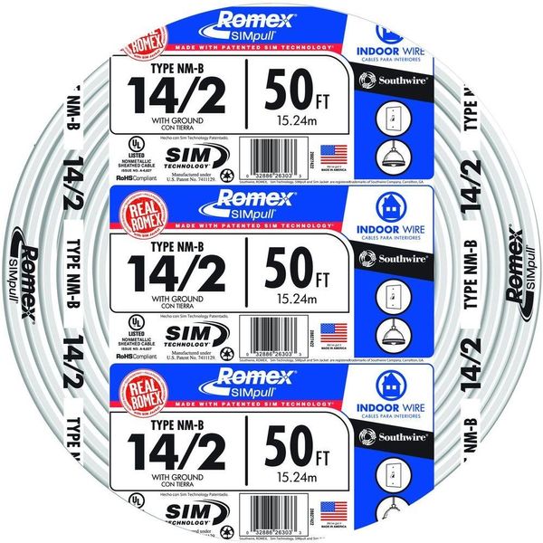 Southwire 28827422 50' 14/2 with ground Romex brand SIMpull residential indoor electrical wire type NM-B, White