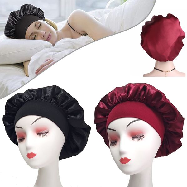 Hair Bonnet for Sleeping, Wide Band Satin Bonnet, Night Sleep Cap Silk Bonnet for Women Girls, Hair Care Sleeping Head Cover Elastic Hat Hair Bonnet for Black Hair Curly Hair (2pcs Black + Wine)