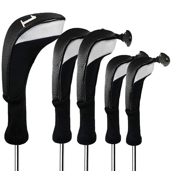 FINGER TEN Golf Club Head Covers for Woods Long Cover Driver Hybrid Fairway, Headcovers with Interchangeable No. Tag Novelty Durable Fit Woods Clubs (Black-5 pack (1 Driver& 2 Fairway&2 Hybrid))