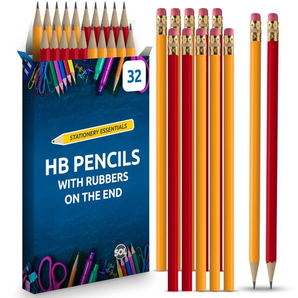 SOL 32pk HB Pencils With Rubbers On The End | HB Pencil Pack with Erasers | Writing Pencils for Children I Kids Pencils for School Supplies I School Pencils for Party Bag | Pack of Pencils Sticker