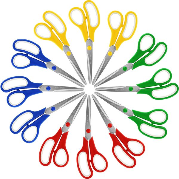 Belle Vous 12 Pack of Assorted Scissors - 21cm/8.27 Inch Overall Length - Sharp Stainless Steel Blades with Coloured Soft Comfort Grip Handles - for Office and Home - Multipurpose Craft Scissors