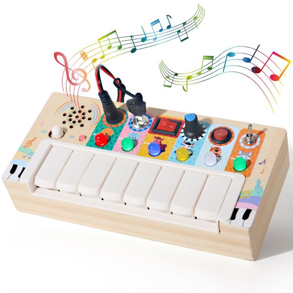 Busy Board Montessori Toys，Baby Magic Xylophone Wooden Musical Toy with Lights,, Baby Wooden Busy Board with 6 LED Light switches, Sensory Toys Light Switch Toys Travel Toys for 1+ Year Old