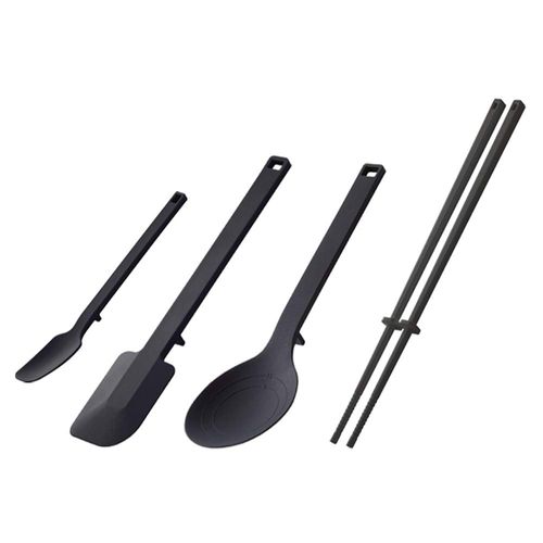 Yamazaki Industries Silicone Tools Cooking Spoons, Vegetable Chopsticks, Spatula, Spoon, Set of 4, Black 4273, 4275, 4277, 4279