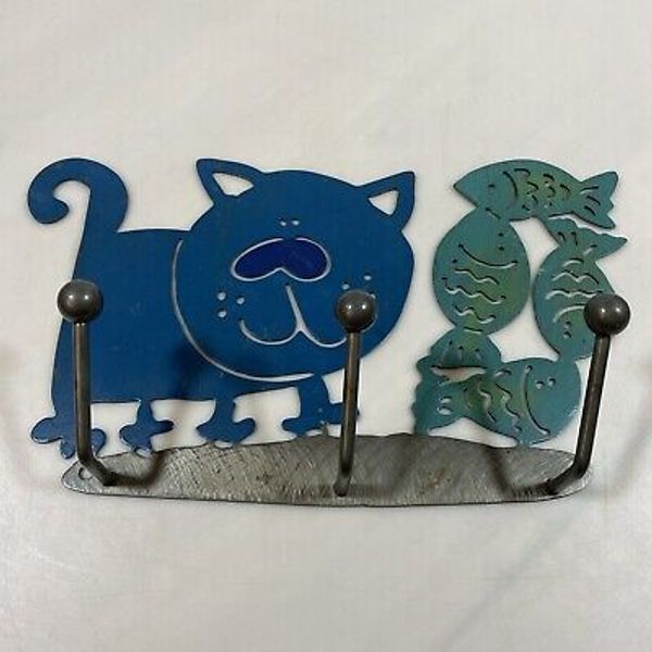 Cat With Fish Metal Art Wall Coat Hook, Leash Hook, Hat Rack, Art Decor