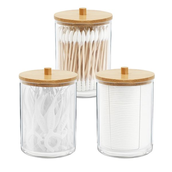 Gukasxi 3 Pack Acrylic Qtip Holder with Bamboo Lids Bathroom Canisters Jars Dispenser Cotton Swab Balls Pads Holder for Bathroom Storage Organizer