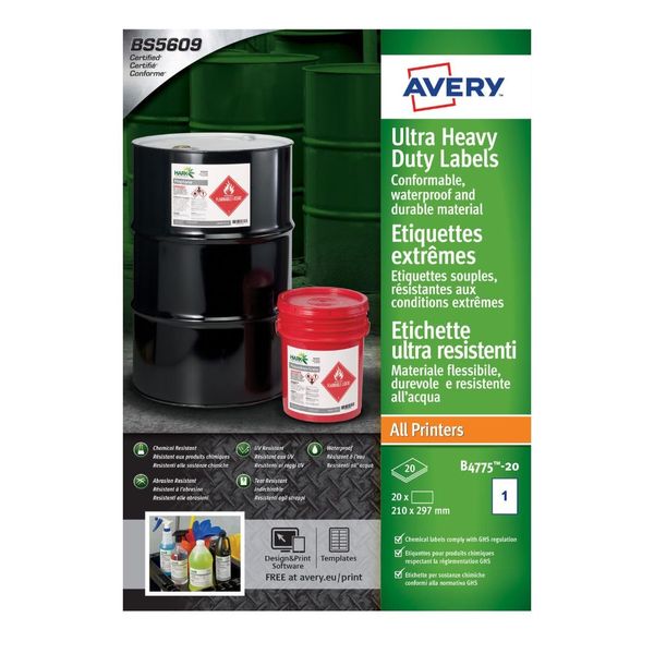 Avery Ultra Resistant Labels Blank White A4 Labels, 1 per Sheet