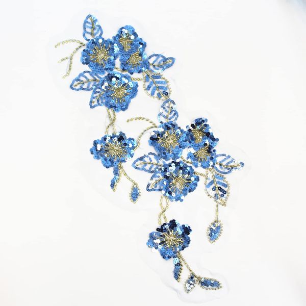 SUNMOVE 1PC 3D Beaded Embroidery Sequin Lace Applique Blue Mirror Sew On Flower Fabric Collar Patch Motif Wedding Gown Dress Bridal DIY Crafts