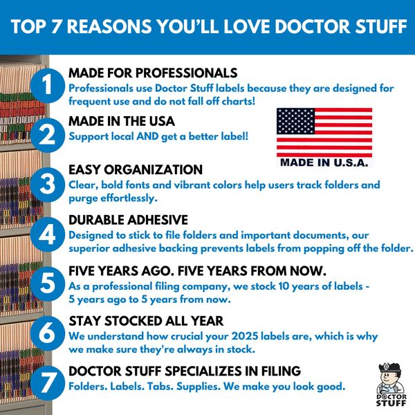 2025 Year Labels, Doctor Stuff 2025 Chart Stickers, Fluorescent Pink Color Coded, USA Made Year Stickers for End Tab File Folders, 500 Labels/Roll in a Dispenser Box, 3/4" x 1-1/2"