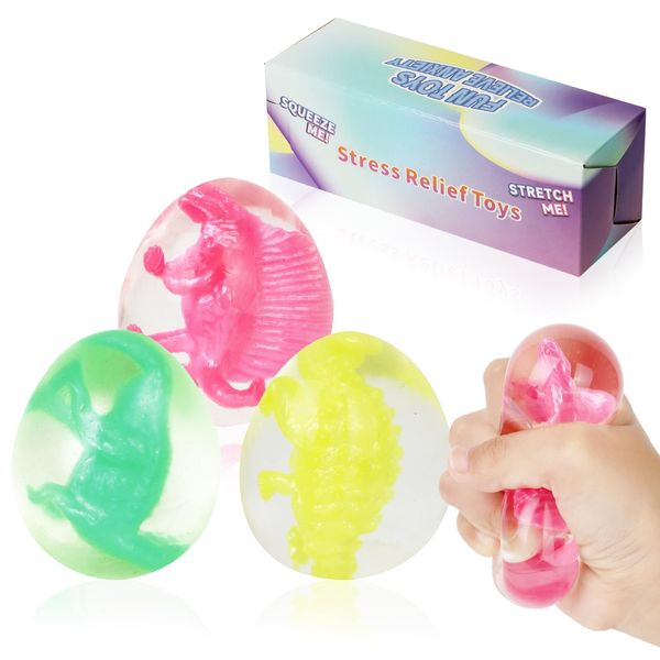 3 Pack Dinosaur Egg Stress Squeeze Balls for Kids and Adult, Gift Box Squishy Squeeze Squishies Ball Cute Stress Relief Balls Toys, Party Favors, Birthday Gift, Goodie Bag Stuffers,Green/Red/Yellow