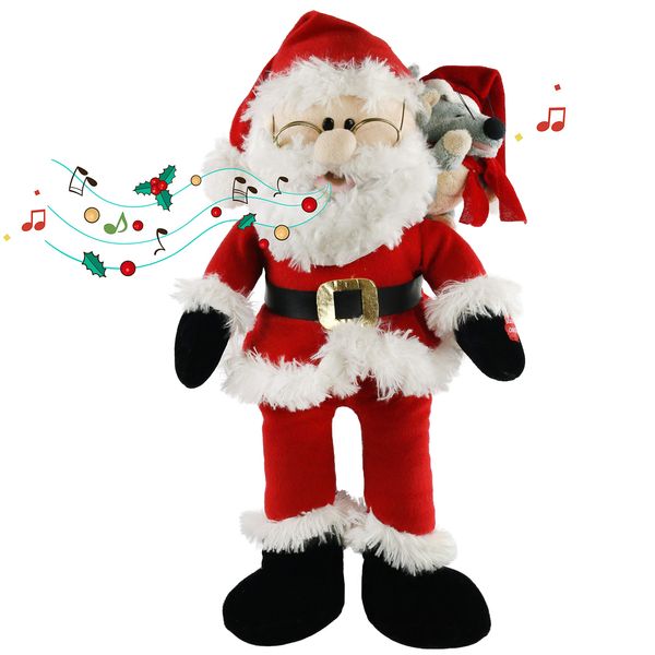Houwsbaby Singing Twerking Santa Claus Interactive Christmas Plush Toys with Music Electronic Animated Stuffed Animal with Plush Pal Friend Mouse on Shoulder Gift for Kids Red 20''