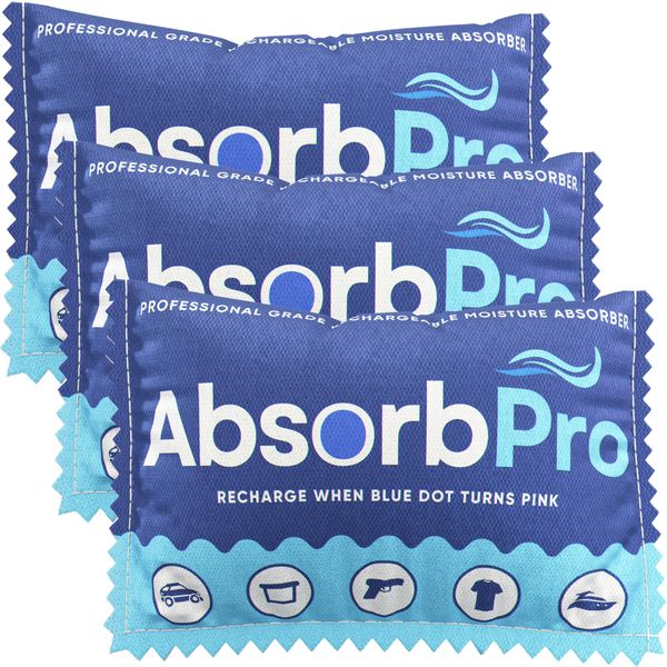 Absorb Pro Rechargeable Dehumidifier Bag 3-Pack - 100g Reusable Moisture Absorbers - Silica Gel Packets for Bins, Totes, Gun Safe, Food Storage, Clothes, Cars, and Boats