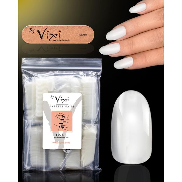 By Vixi 600 MEDIUM OVAL NAIL SET with PREP FILE, 10 Sizes – Opaque Express Full Cover False Fingernail Extensions for Salon Professionals & Home Use