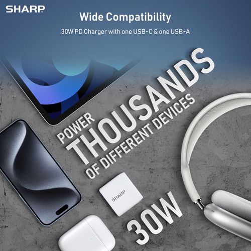 Sharp USB C Charger - 30W, Dual Port (USB A+C) Compact Foldable GaN Fast Charge for iPhone 15/15 Pro/15 Pro Max/14/13/12, Pad Pro/AirPods and More, White