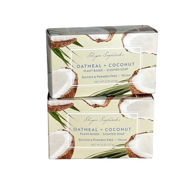 2 Pack Natural Coconut & Oatmeal Bar Soap Vegan Shugar Soapworks 7 Oz Made USA