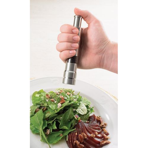Fletchers' Mill Stainless-Steel Pump and Grind Salt or Pepper Mill, Modern Thumb Button Grinder, One-Handed Operation