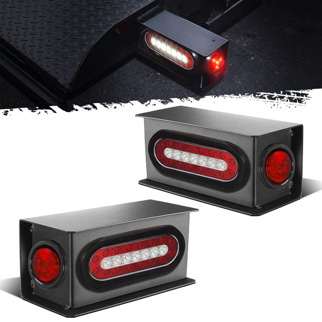 Partsam 2Pcs Steel Trailer Light Boxes Housing Kit w/ 6" Oval Led Trailer Tail Lights with Reverse & 2" Red 4Led Round Side Marker Clearance Lights w/Grommets and wire connectors