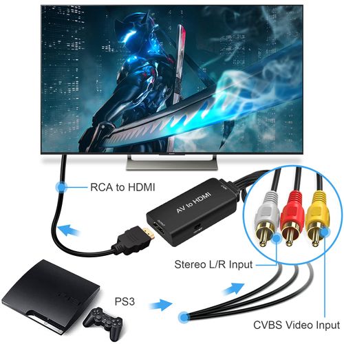 Ozvavzk AV to HDMI Converter, 1080P Composite CVBS AV to HDMI Video Audio Converter with HDMI Cable for PS2 Box SNES N64 VHS VCR Video Recorder DVD, Supports PAL/NTSC
