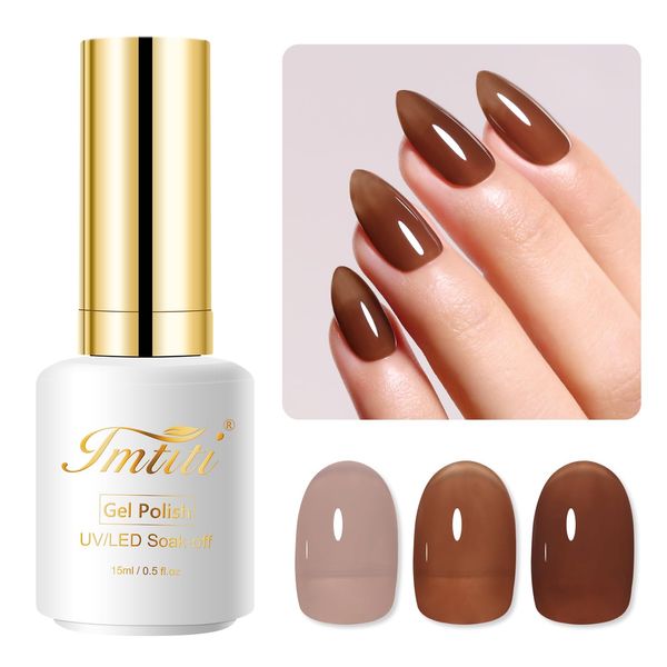 Imtiti Jelly Gel Nail Polish, 15ML Coffee Brown Sheer Jelly Gel Polish Soak Off LED UV Nail Gel Polish Brown Translucent Gel Nail Polish Nail Starter Manicure Salon Kit